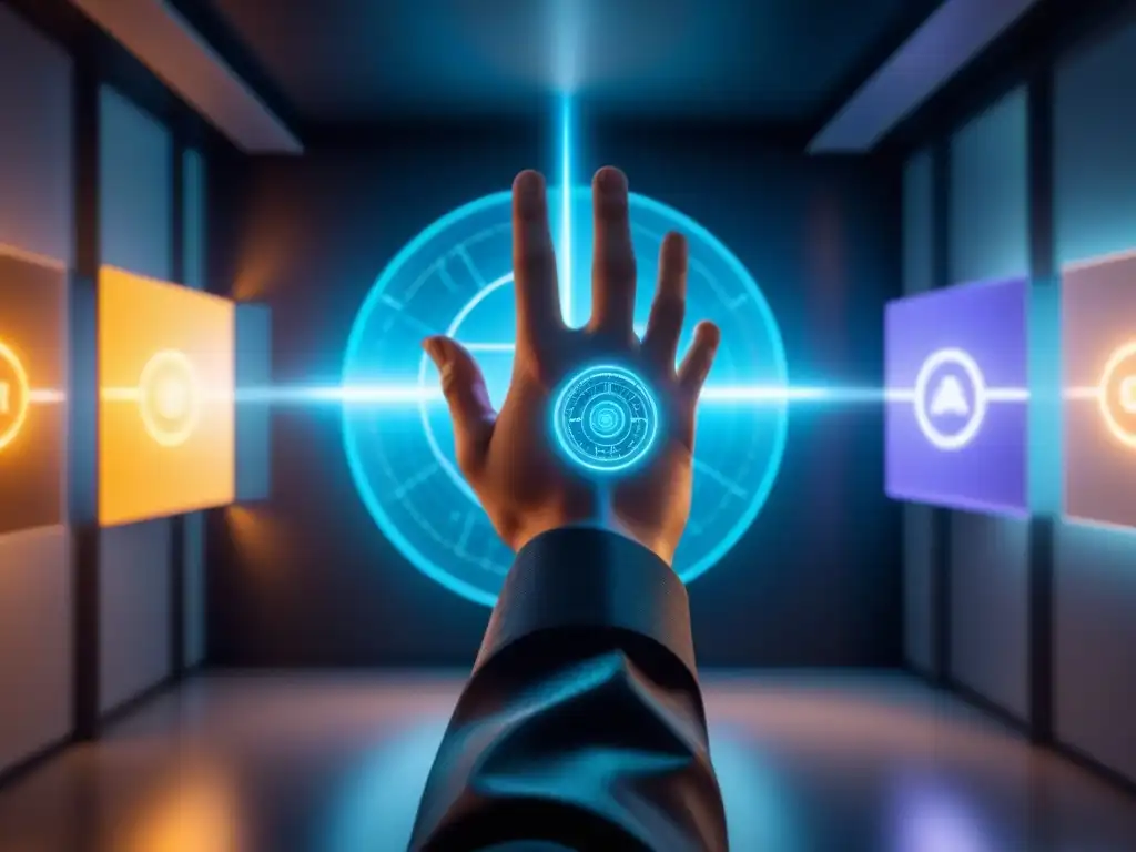 Interfaz holográfica futurista: tecnología y experiencia del usuario Interfaz de usuario en realidad mixta: usuario interactuando con holograma futurista en entorno high-tech