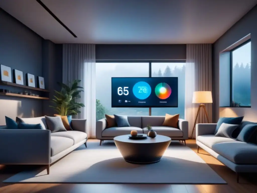 Interior de casa inteligente minimalista con tecnología IoT integrada, dispositivo de control de energía y luz