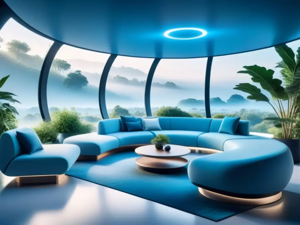 Diseño interior futurista y minimalista con mobiliario ergonómico en un hábitat espacial, iluminado en azul, evocando bienestar y psicología del vivir