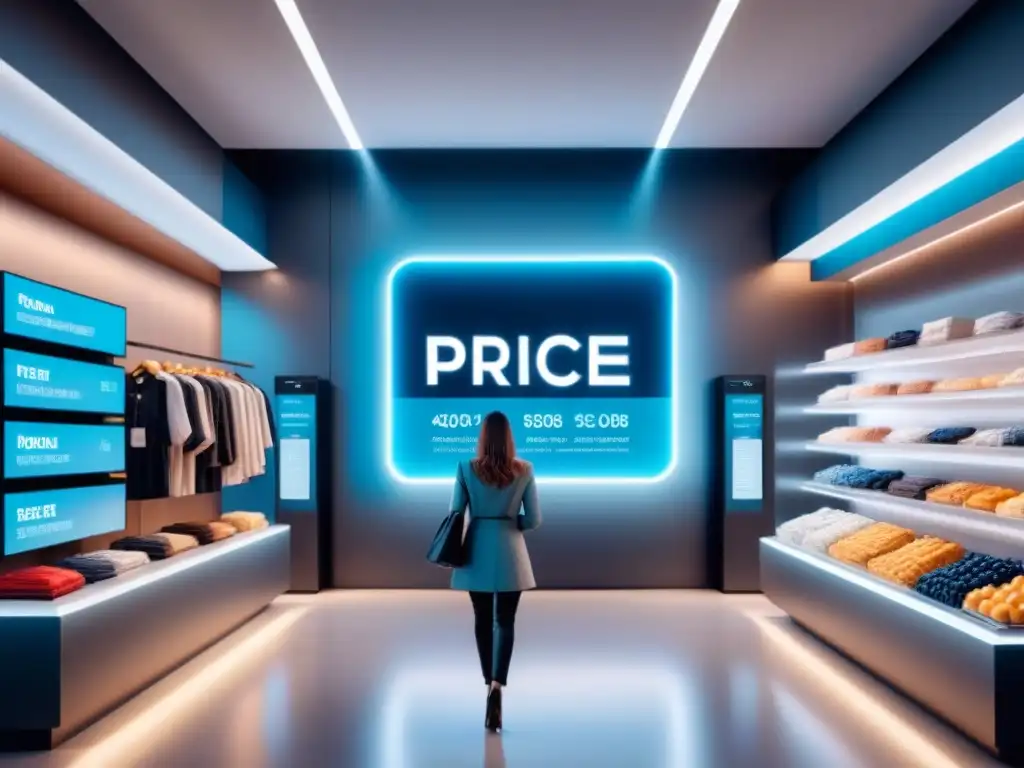 Interior futurista de tienda con IA en estrategia de precios: pantalla digital, sensores inteligentes y algoritmo optimizando en tiempo real