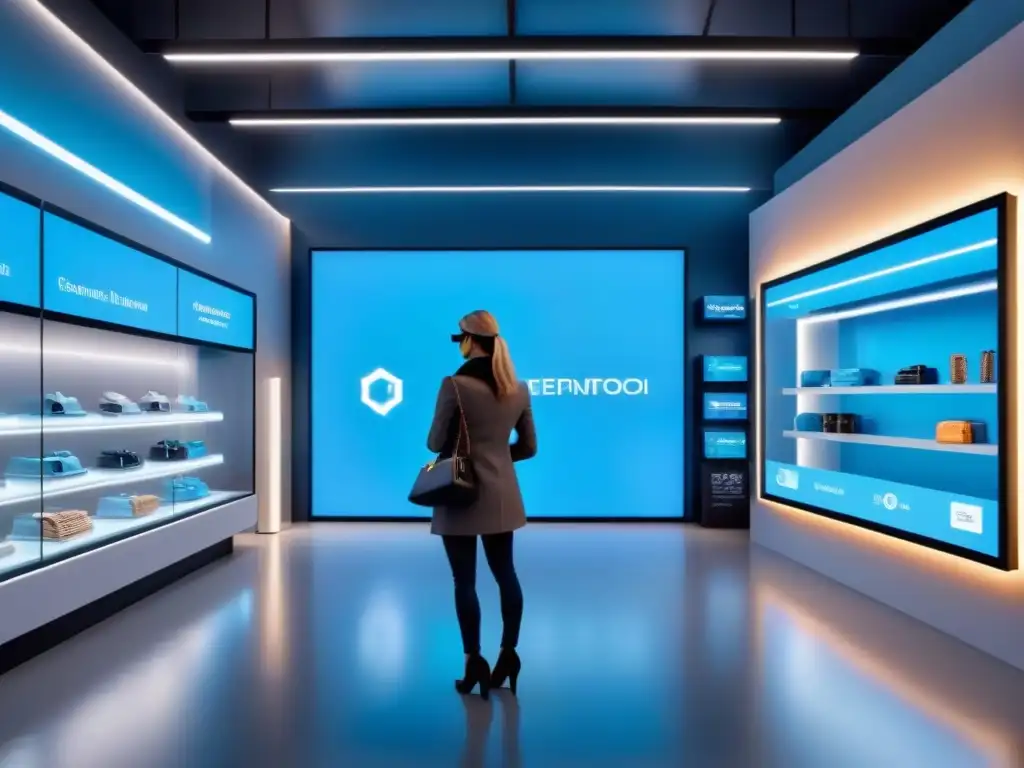 Interior futurista de tienda retail industrial con productos virtuales y hologramas