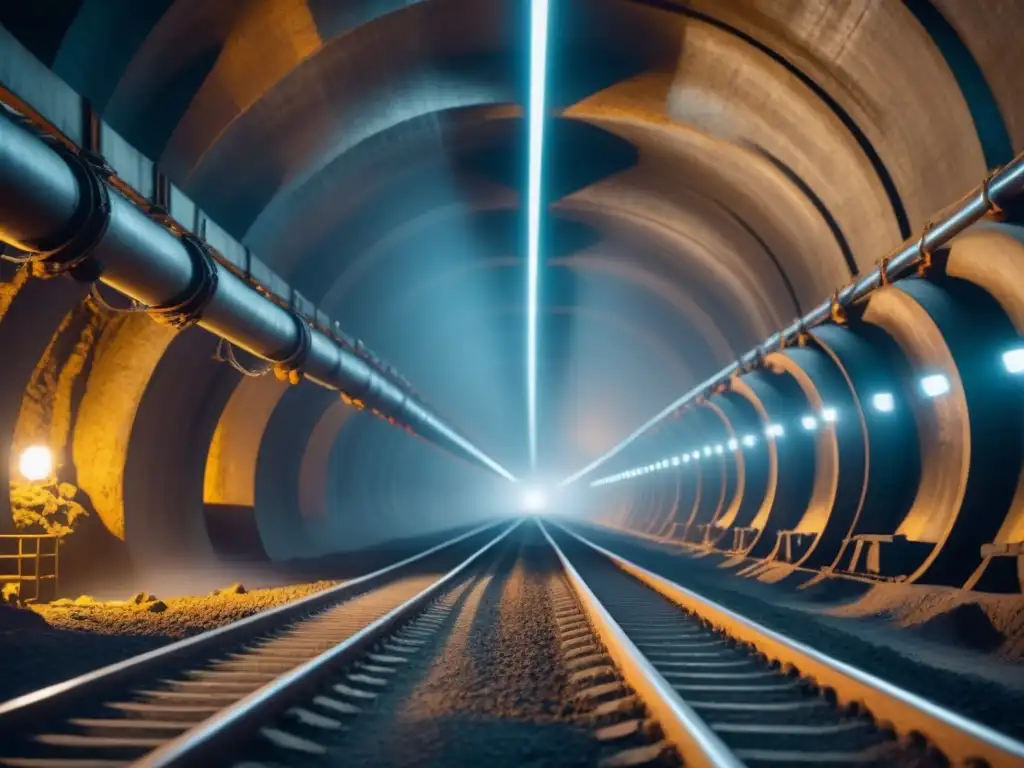 Interior de túnel minero moderno iluminado por luces LED, resaltando eficiencia y sostenibilidad