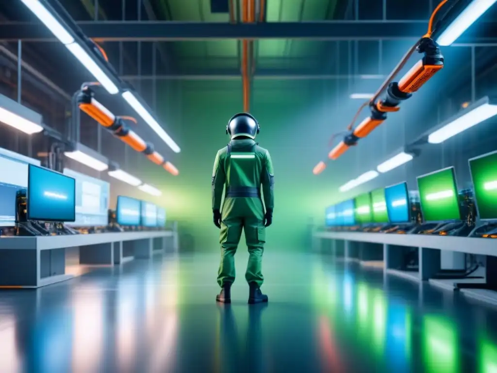 Fábrica inteligente futurista: eficiencia energética y sostenibilidad en armonía Interior minimalista y futurista de una fábrica inteligente sostenible con maquinaria eficiente, iluminación LED avanzada y brazos robóticos en acción