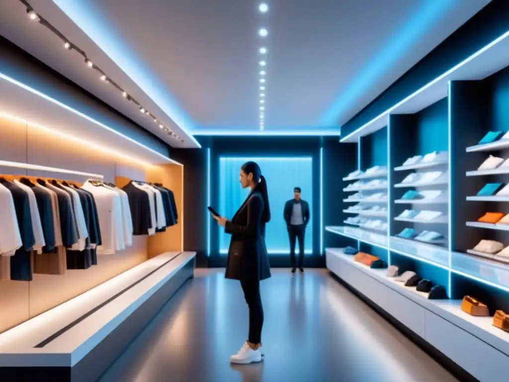 Interior minimalista y futurista de tienda con sensores e IoT integrados, experiencia de compra personalizada y eficiente