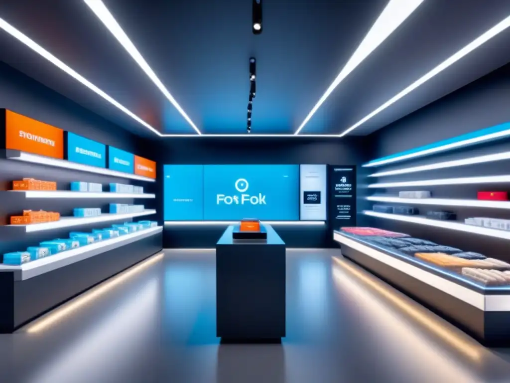 Interior de tienda moderna con empaquetado inteligente en retail y tecnología futurista