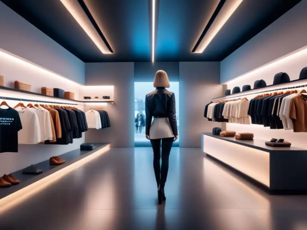 Interior de tienda moderna con sensores IoT integrados, resaltando eficiencia y personalización