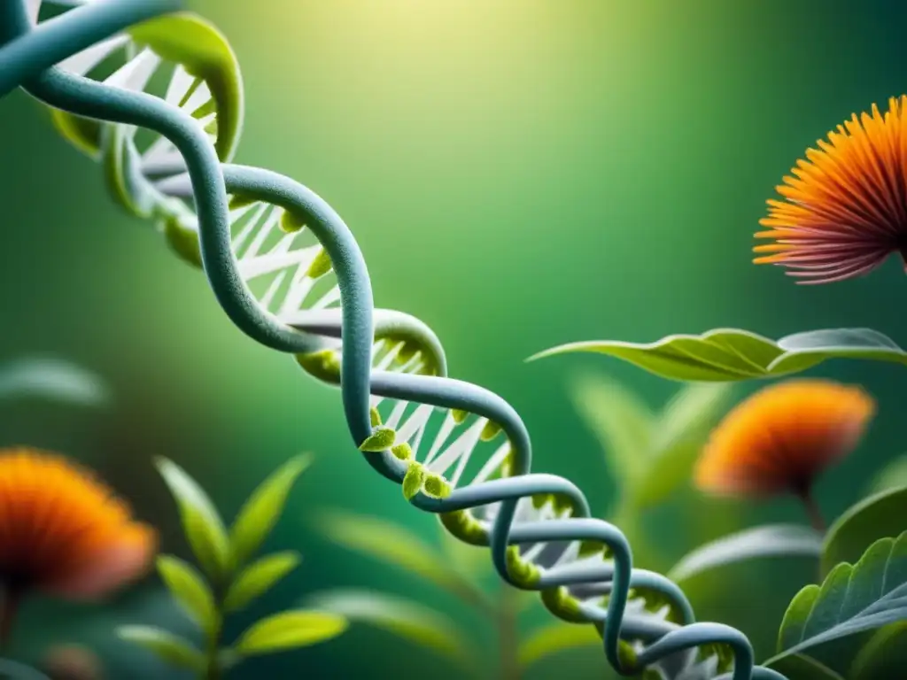 Intrincada doble hélice de ADN entre siluetas de plantas y animales, representando la biodiversidad y las regulaciones genéticas