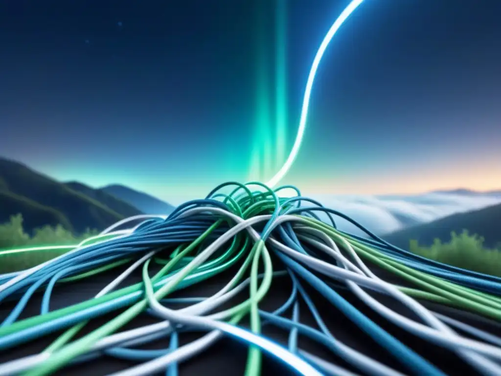 Intrincada red de cables de fibra óptica brillante en un paisaje digital futurista, destacando la importancia de la fibra óptica