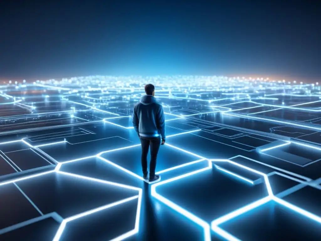 Intrincada red de circuitos digitales iluminados en azul sobre fondo oscuro, simbolizando los retos de ciberseguridad en redes de telecomunicaciones