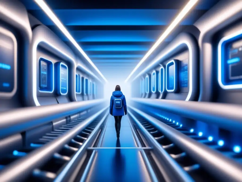 Intrincada red de nanorobots plateados con circuitos azules, en laberinto microscópico de fábrica futurista