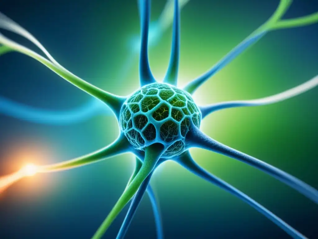 Intrincada red de neuronas en tonos azules y verdes, simbolizando avances en tratamientos innovadores esclerosis múltiple