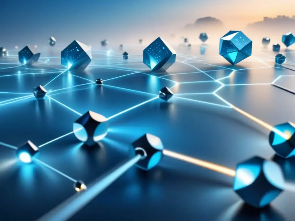 Intrincada red de nodos y bloques transparentes, simbolizando la complejidad y seguridad de la tecnología blockchain en la industria logística