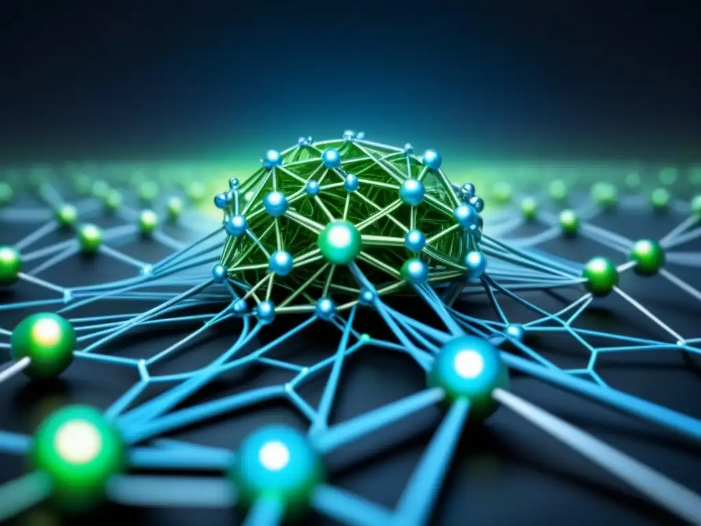 Red de computación para desarrollo de materiales: Minimalismo luminoso Intrincada red de nodos luminosos en azul y verde sobre fondo negro, simbolizando la supercomputación en desarrollo de materiales