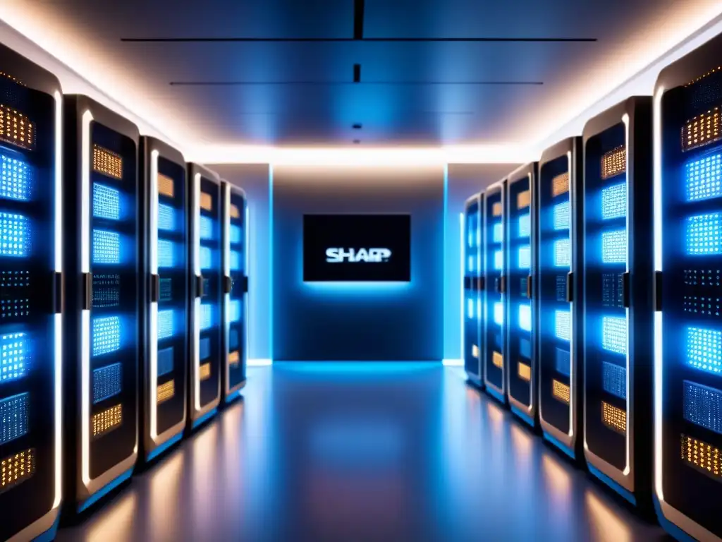 Intrincada red de procesadores y luces parpadeantes en un superordenador futurista en una sala tenue