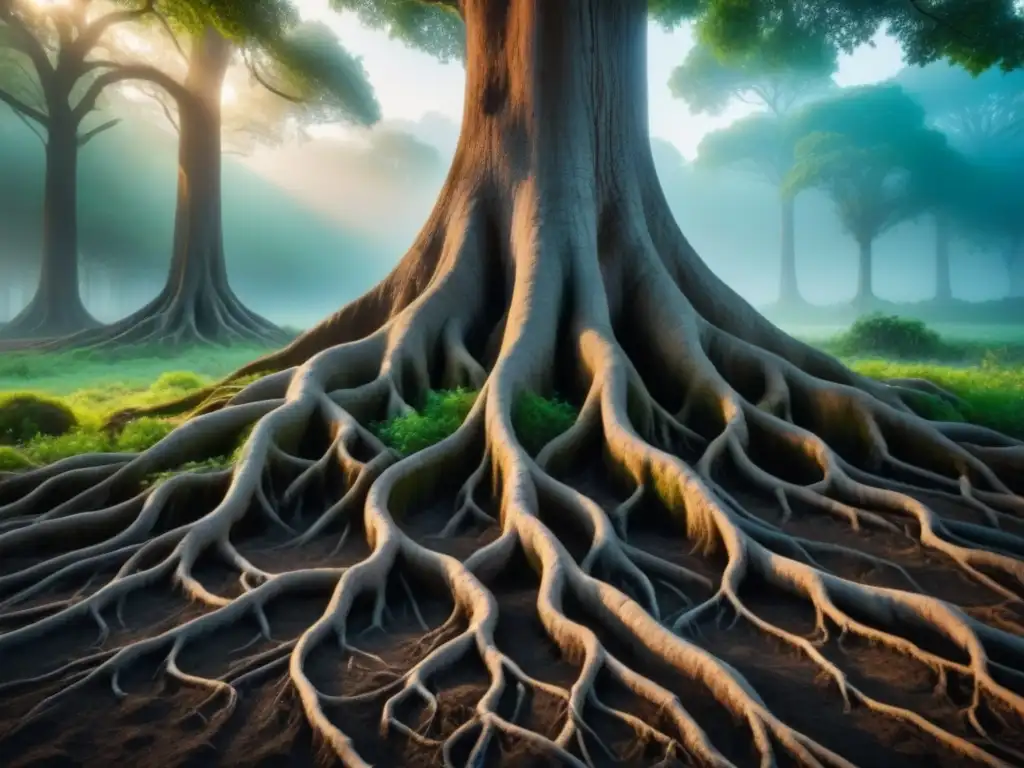 Intrincada red de raíces de un árbol maduro, demostrando la fuerza y belleza de las prácticas de extracción sostenible en la naturaleza