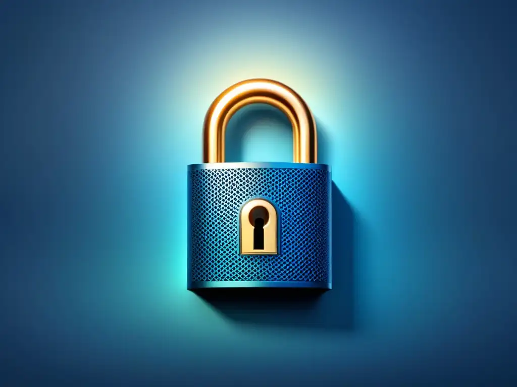 Intrincado candado digital en tonos azules, simbolizando las actualizaciones esenciales en ciberseguridad para la industria