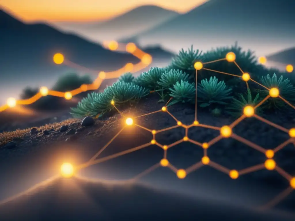 Un intrincado mapa de la cadena de suministro con nodos interconectados, asegurados con tecnología blockchain en industria logística
