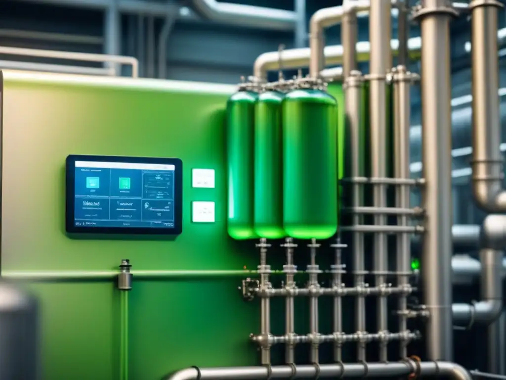 Intrincado bioreactor en planta química moderna con líquido verde vibrante, tecnología avanzada y biocatalizadores en la industria química