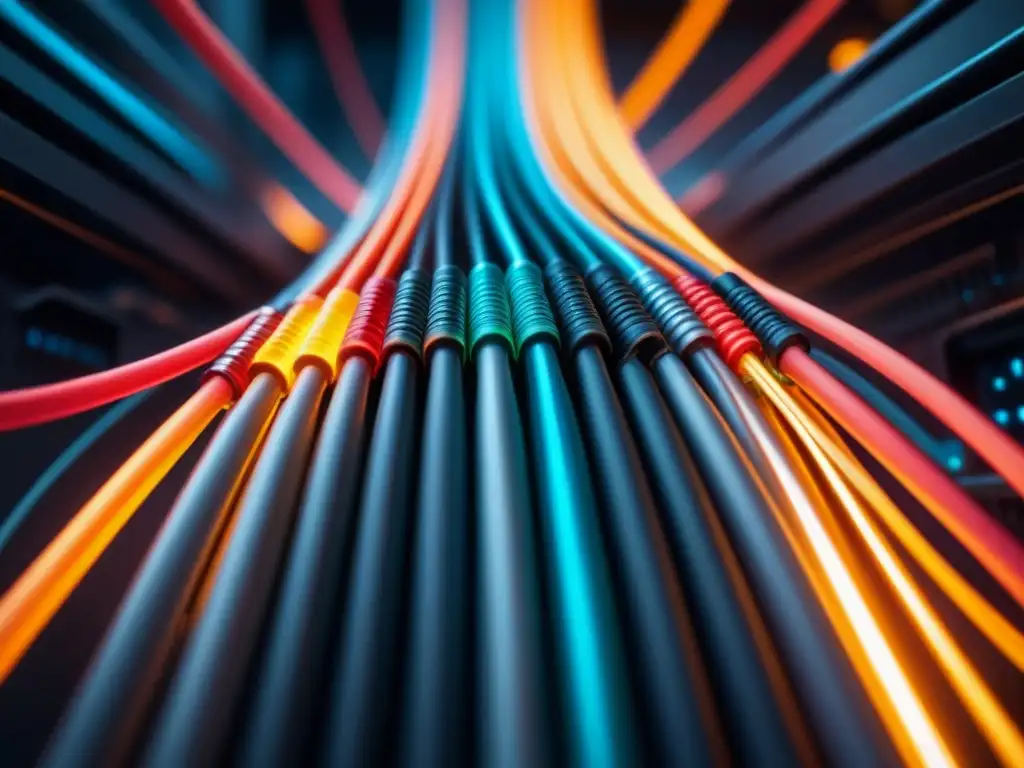 Intrincados cables de fibra óptica en un moderno centro de datos, iluminados por un resplandor futurista