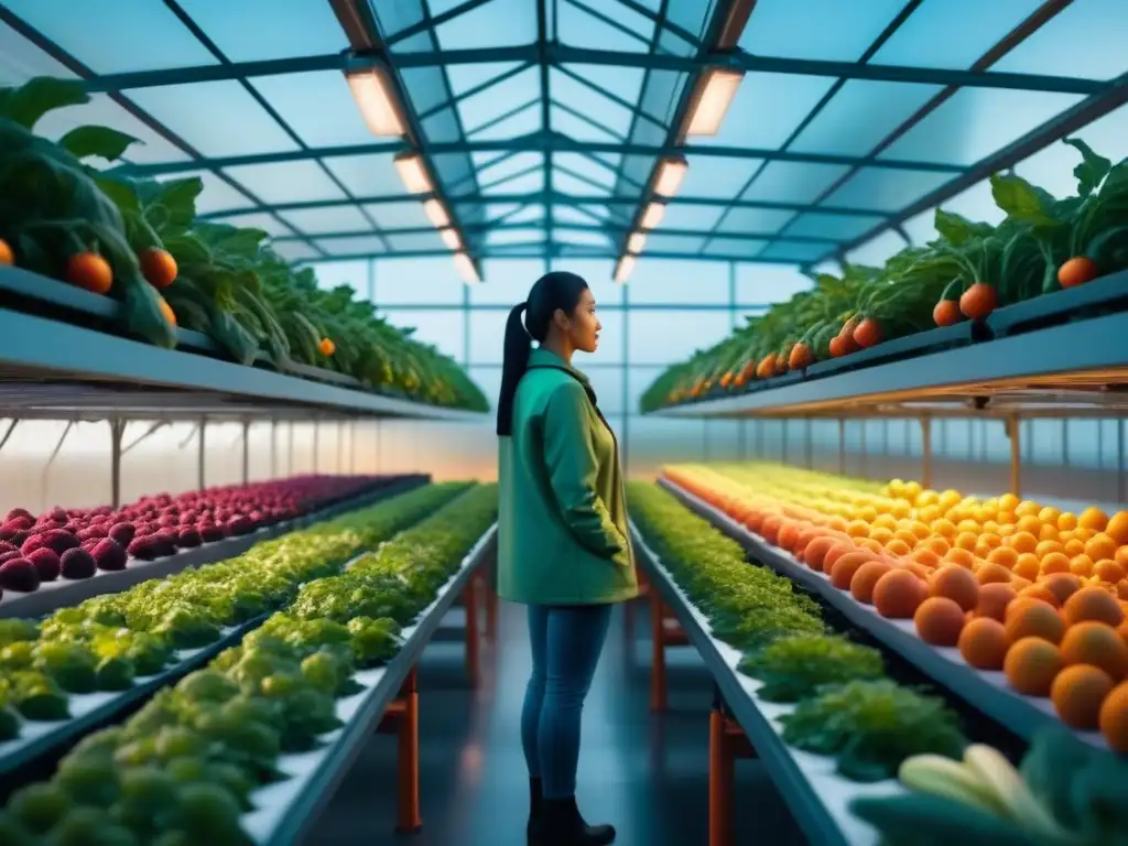 Un invernadero de alta tecnología, lleno de frutas y verduras genéticamente modificadas brillantes bajo luz artificial