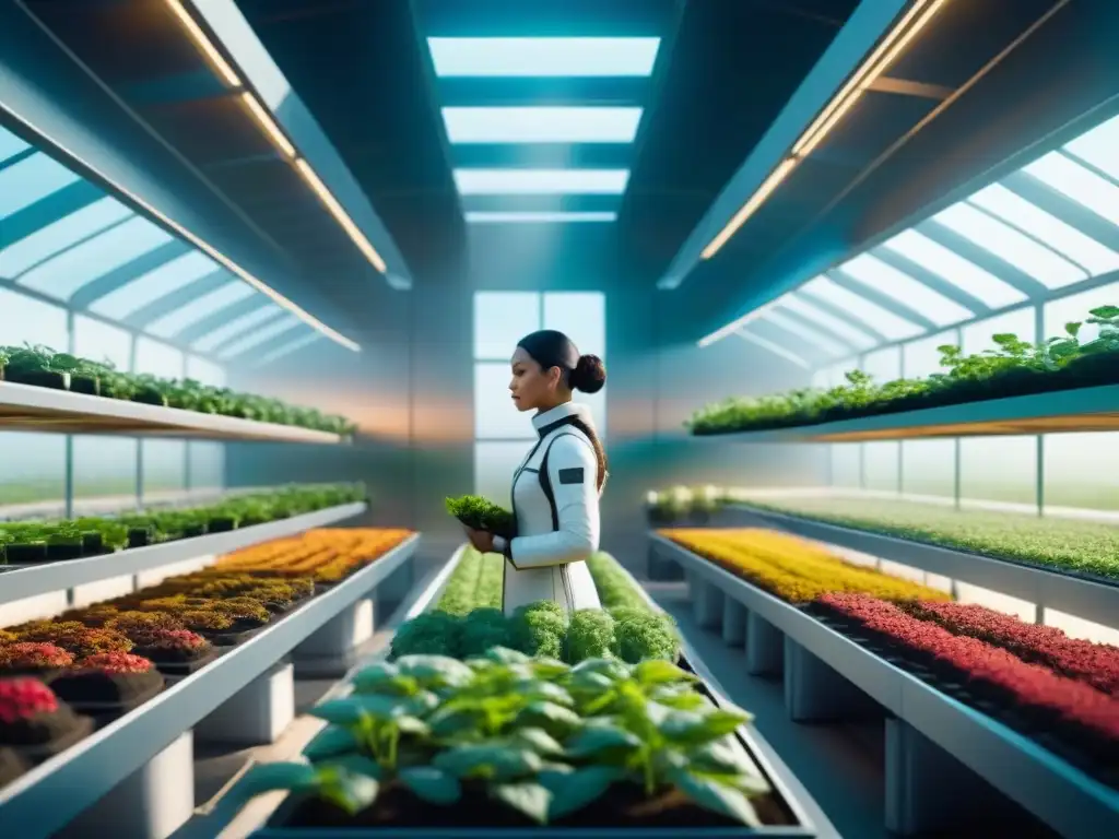 Un invernadero espacial futurista en el cosmos, con plantas vibrantes y luz etérea