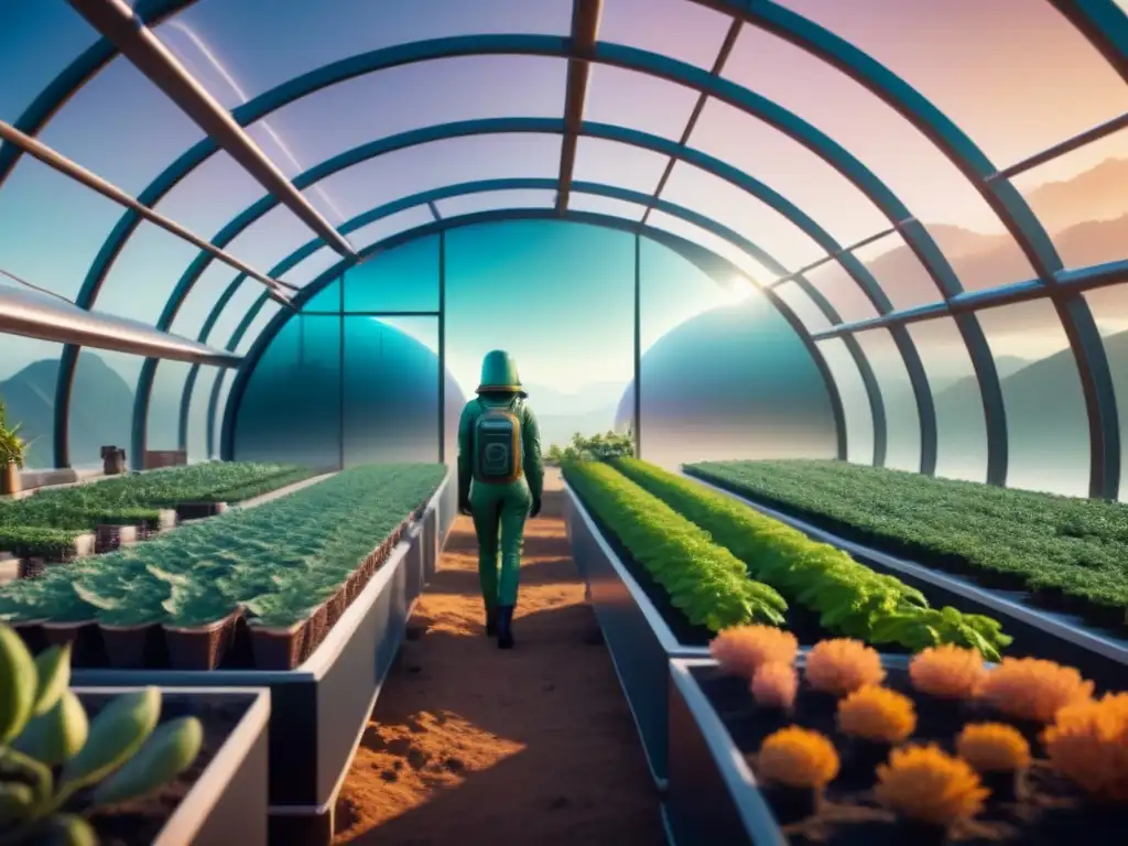 Un invernadero espacial futurista iluminado en la oscuridad, con cultivo de alimentos en espacio de plantas alienígenas y terrestres en armonía