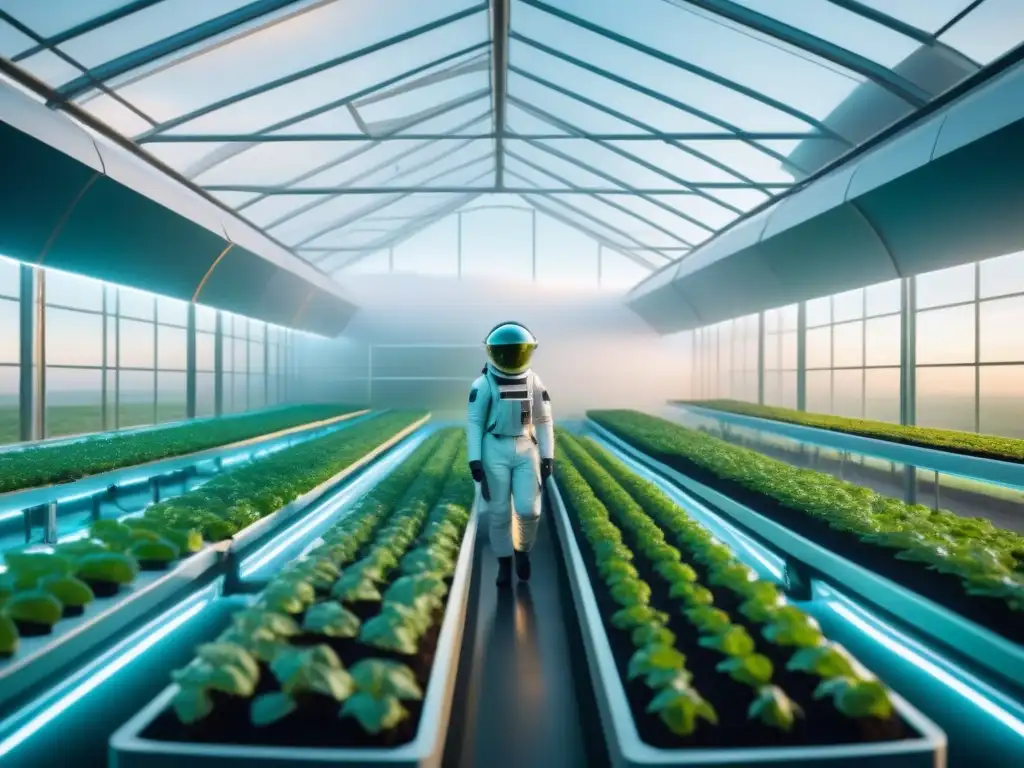 Un invernadero espacial futurista y minimalista flotando en el espacio, cultivando alimentos en un ambiente de alta tecnología