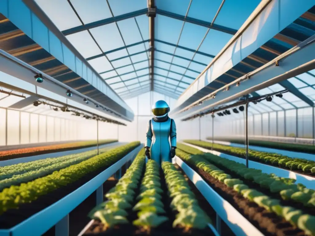 Un invernadero futurista con agricultura sostenible, donde robots guían cultivos vibrantes