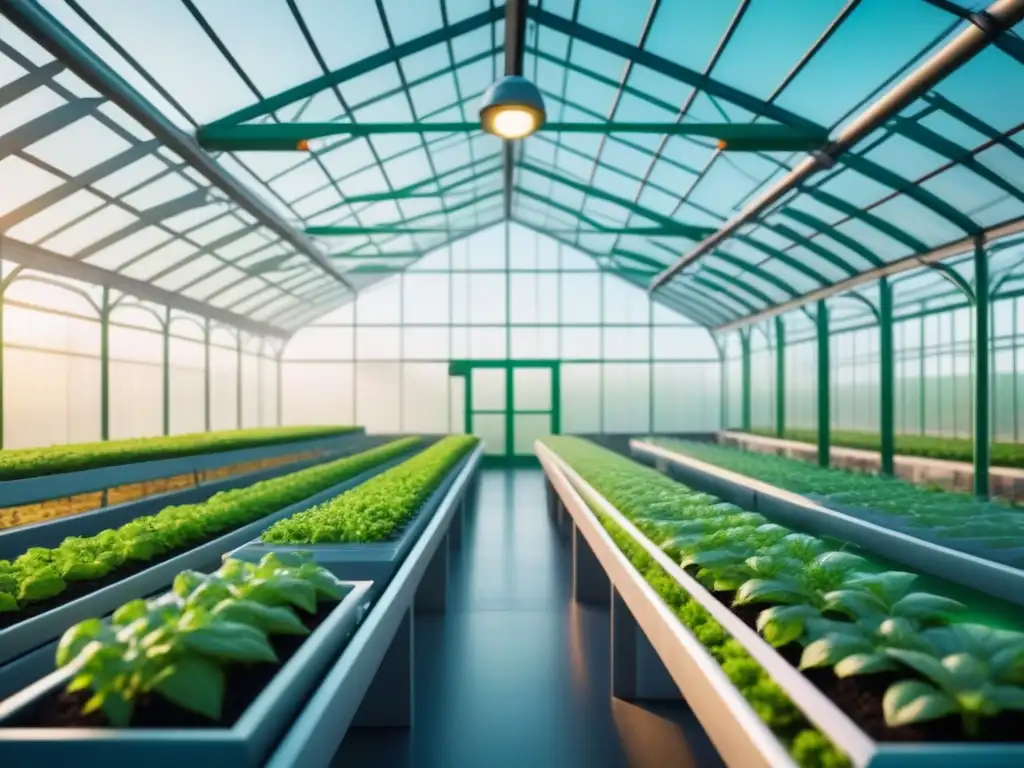 Un invernadero futurista con biotecnología en agricultura sostenible, innovación y diseño moderno en tonos verdes vibrantes