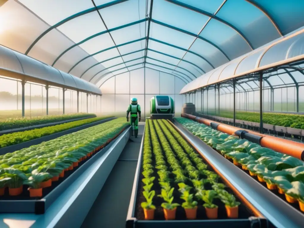 Un invernadero futurista con brazos robóticos cuidando de cultivos, mostrando la fusión entre tecnología y agricultura bajo iluminación natural