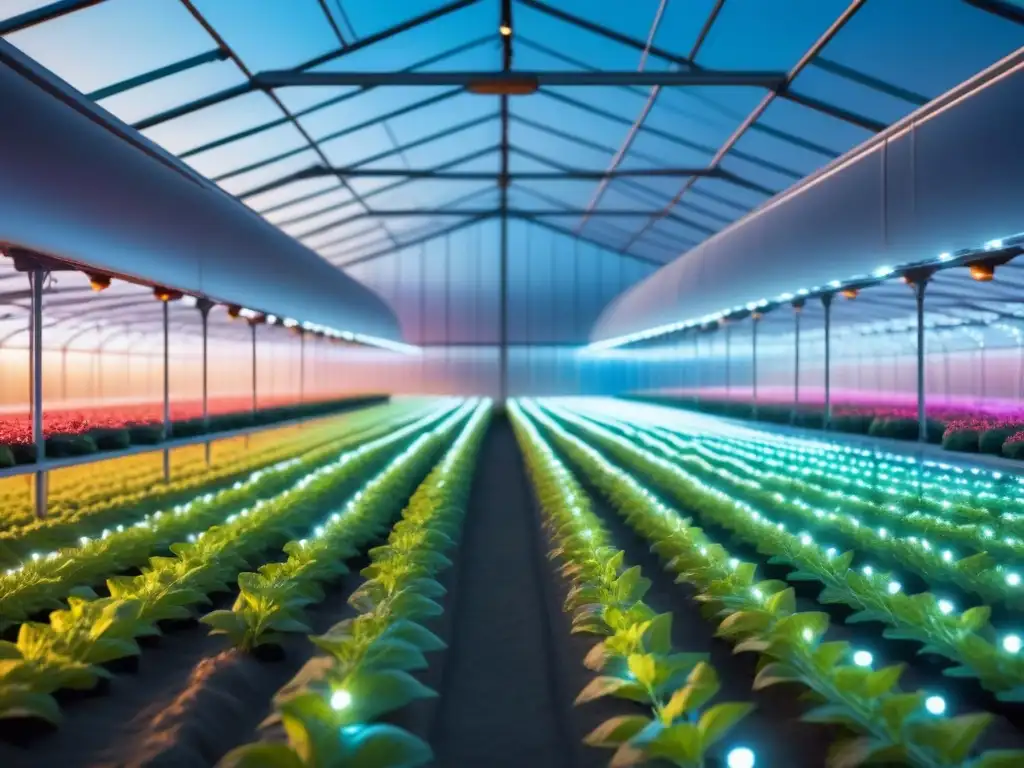 Un invernadero futurista con cultivos modificados genéticamente brillando en colores únicos