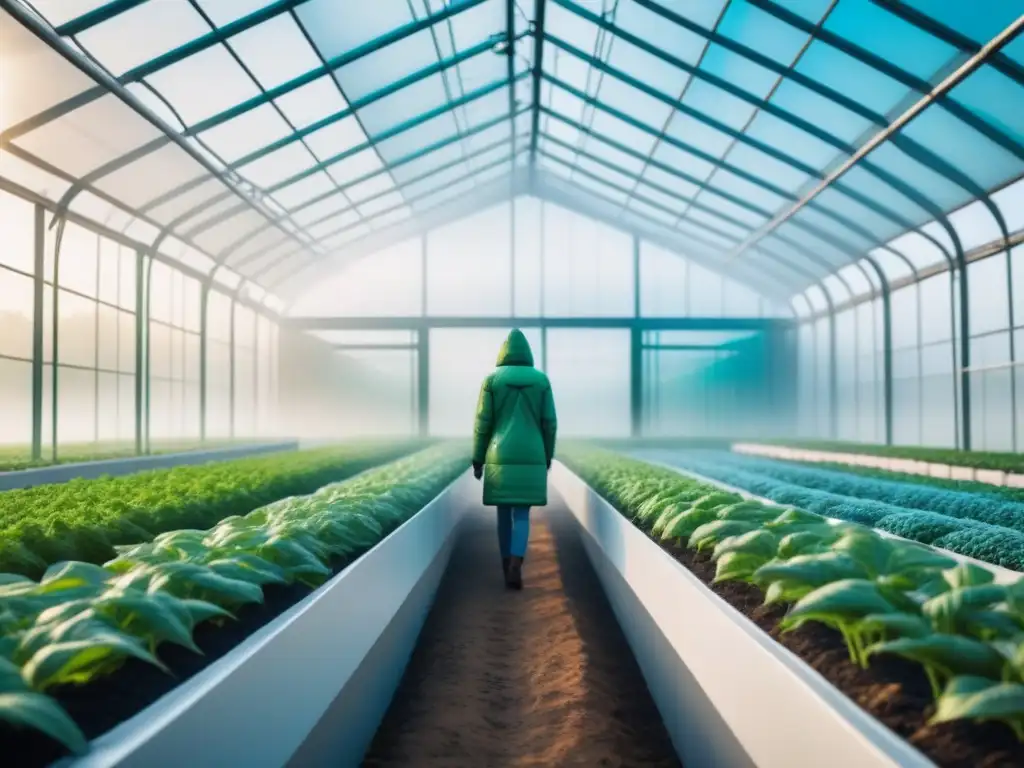 Invernadero futurista con cultivos resistentes al cambio climático en condiciones extremas, transmitiendo esperanza y sostenibilidad