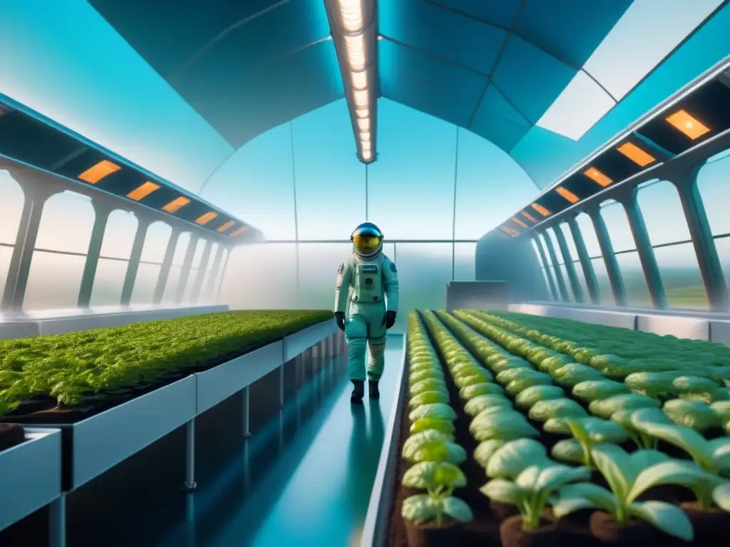 Un invernadero futurista en el espacio con astronautas cultivando alimentos bajo luz artificial, simbolizando el cultivo de alimentos en espacio