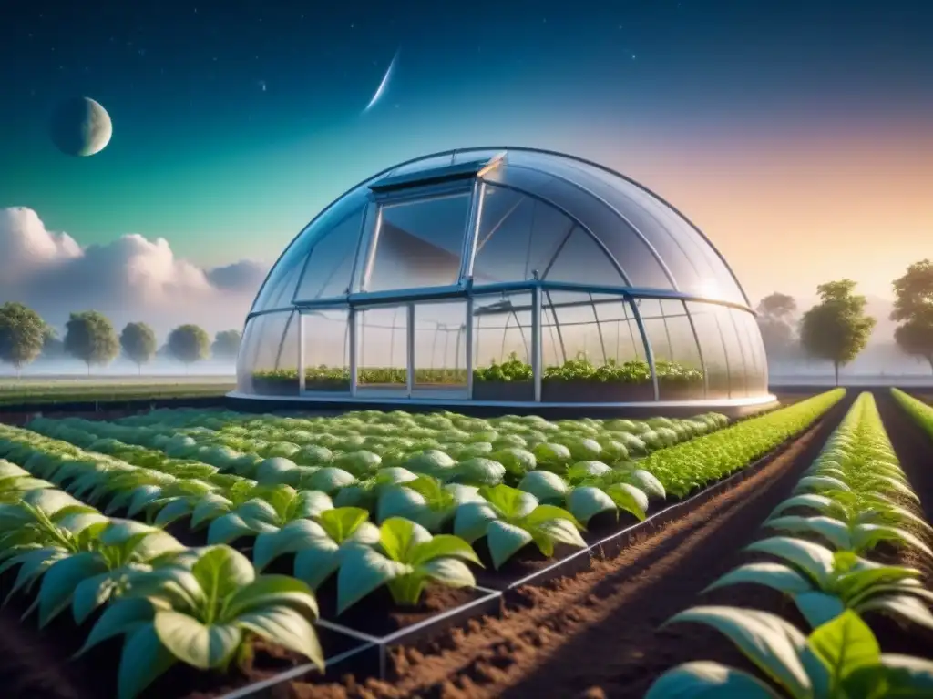 Un invernadero futurista en el espacio para cultivo de alimentos, con plantas verdes bajo luz artificial y vista de estrellas lejanas