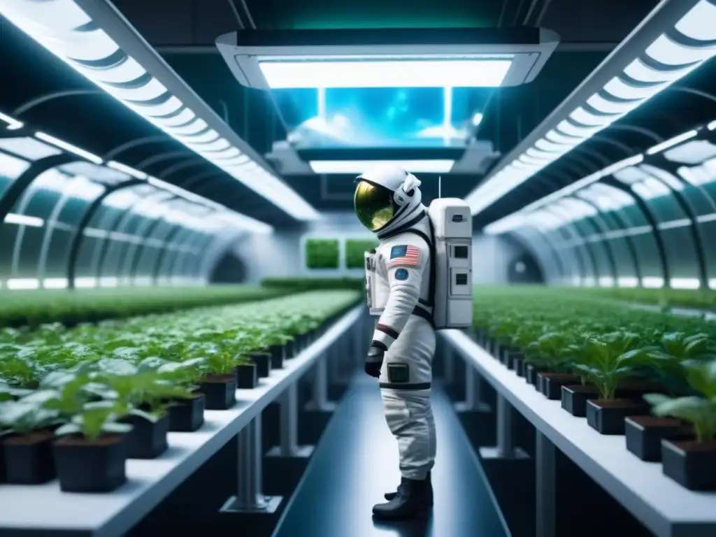 Un invernadero futurista en una estación espacial, con astronautas y plantas en gravedad cero