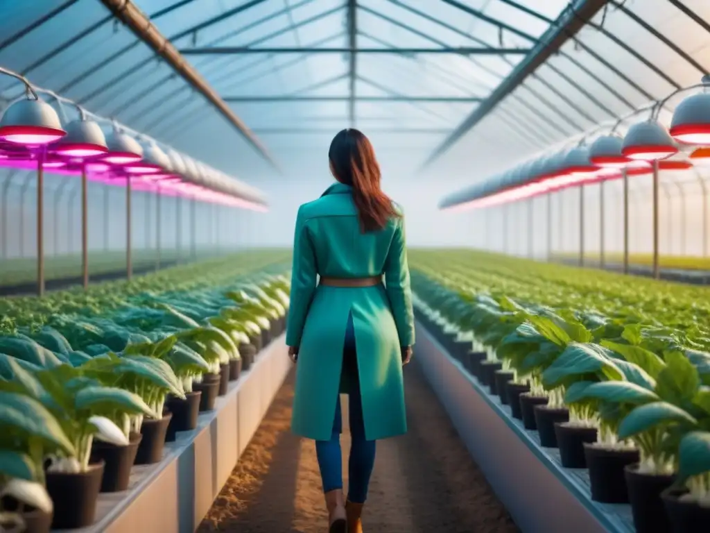 Un invernadero futurista lleno de cultivos vibrantes, destacando innovaciones biotecnológicas en agricultura sostenible