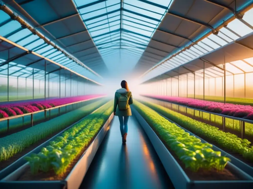 Un invernadero futurista lleno de cultivos vibrantes y modificados genéticamente, iluminados bajo luz artificial, muestra la fusión armoniosa de tecnología y naturaleza en la agricultura sostenible