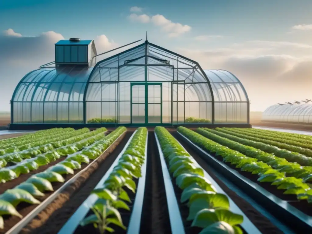 Un invernadero futurista y minimalista con tecnología avanzada monitorea y cultiva cultivos resistentes al cambio climático en condiciones extremas