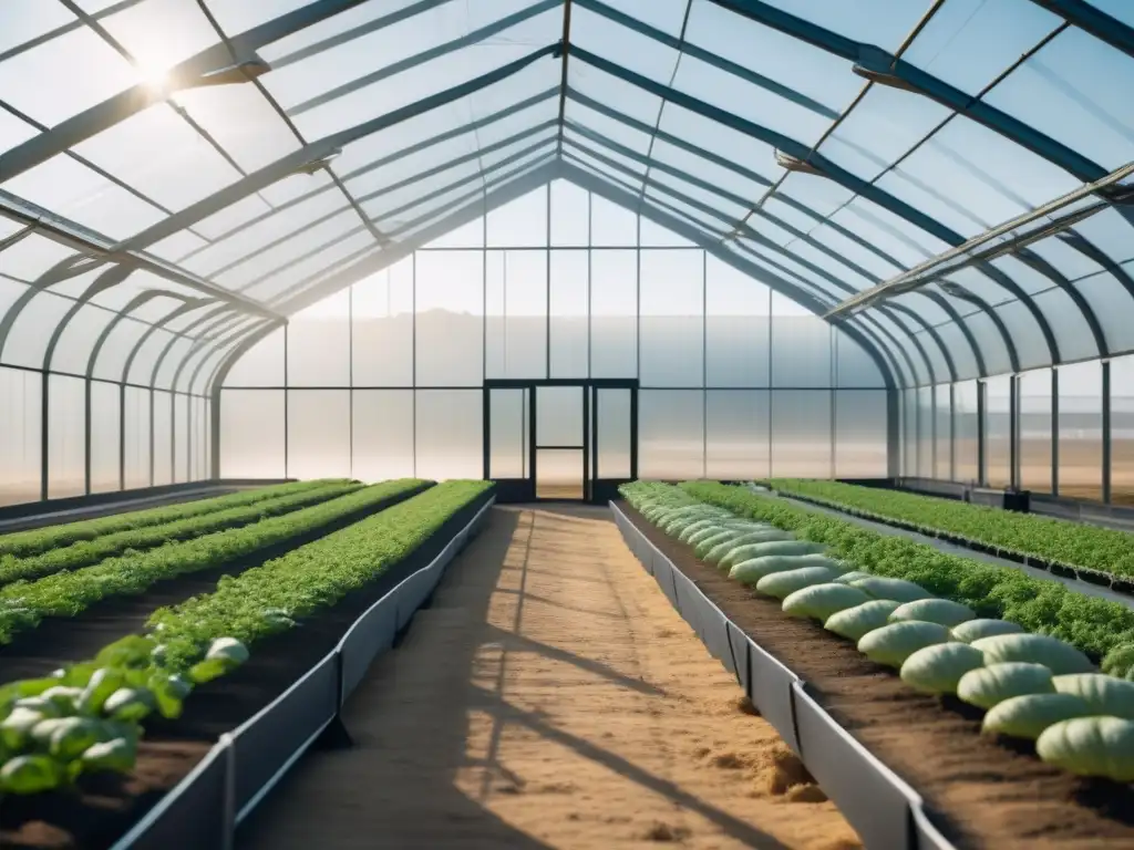 Un invernadero futurista en un paisaje árido, con cultivos verdes y automatización agrícola