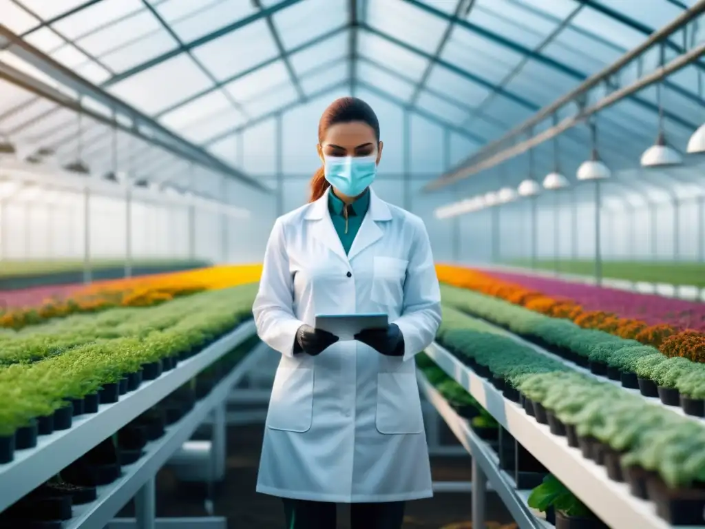 Un invernadero futurista con plantas silvestres modificadas genéticamente, mostrando la domesticación en la agricultura