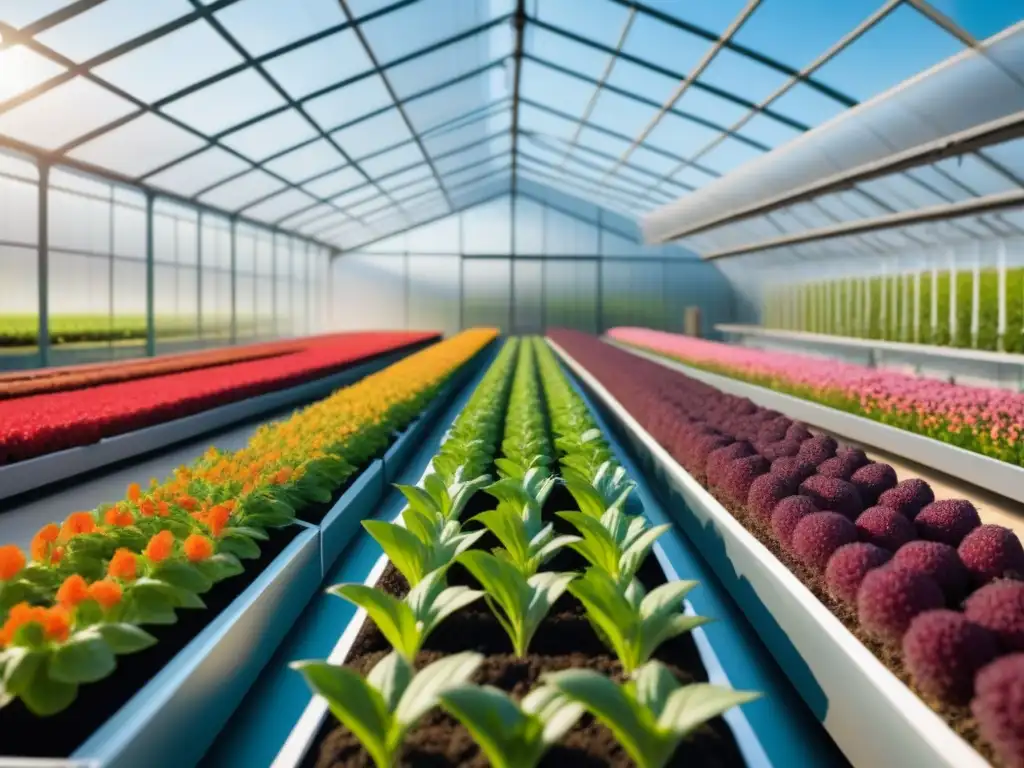 Un invernadero futurista rebosante de cultivos vibrantes y saludables, detallados con nanotecnología en la agricultura sostenible