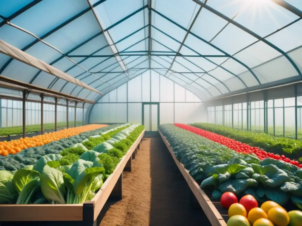 Un invernadero lleno de frutas y verduras orgánicas vibrantes, bañado por la luz solar