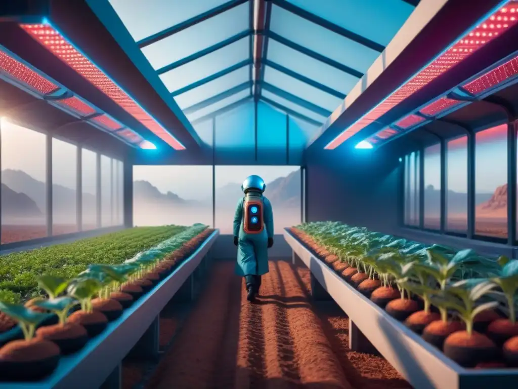 Invernadero marciano futurista con biotecnología para agricultura en Marte