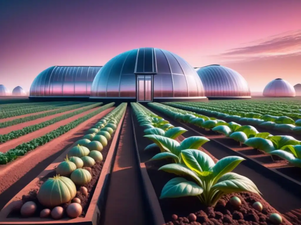 Un invernadero marciano futurista con cultivos genéticamente modificados bajo un cielo rosado, mostrando la biotecnología para agricultura en Marte