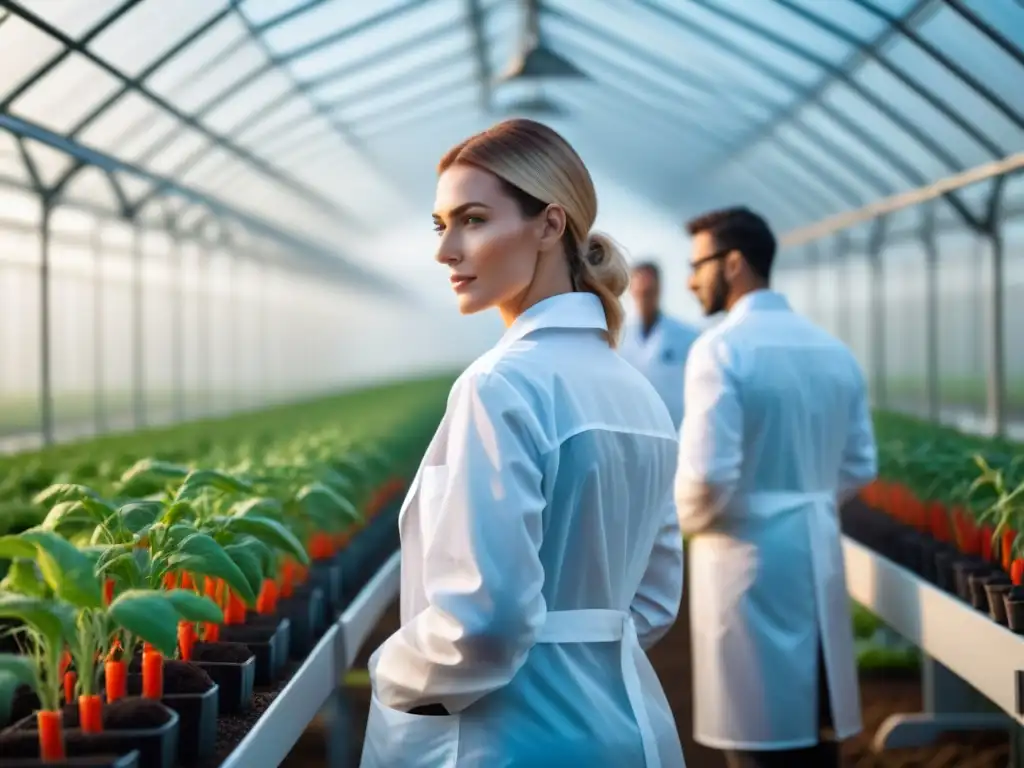 Innovación en agricultura: Invernadero moderno con cultivos modificados genéticamente y científicos