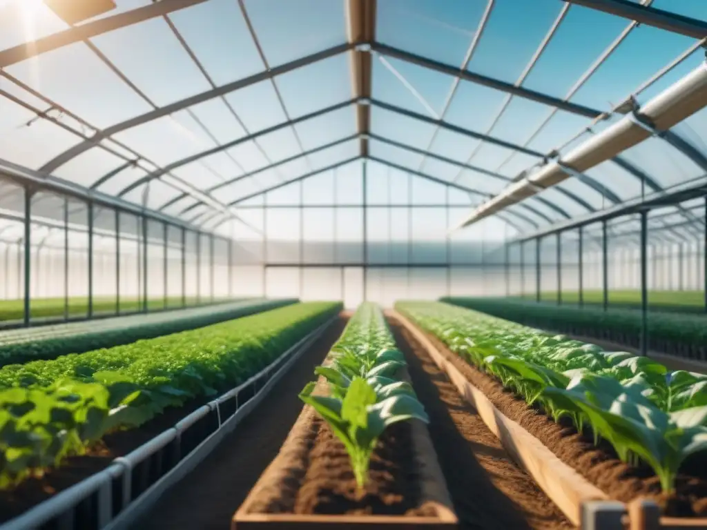 Un invernadero moderno con cultivos verdes, iluminado por luz natural y un sistema de riego eficiente