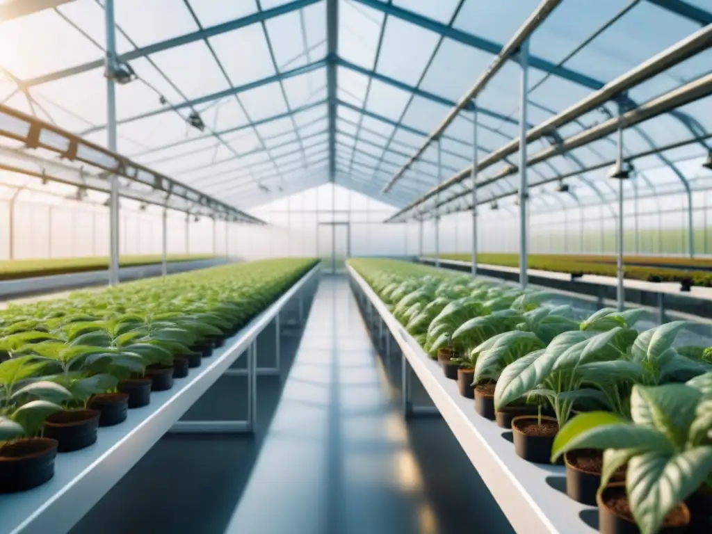 Un invernadero moderno y futurista con robots cuidando plantas, iluminado por luz natural