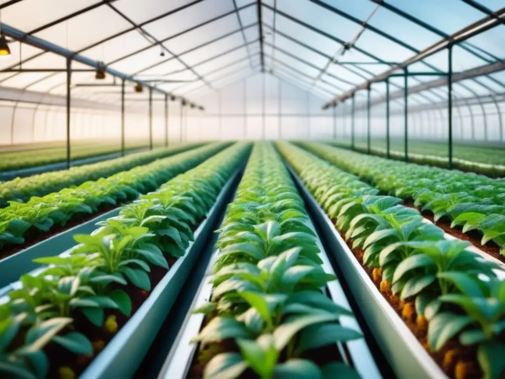 Un invernadero moderno y minimalista lleno de plantas verdes, con brazos robóticos trabajando en ellas