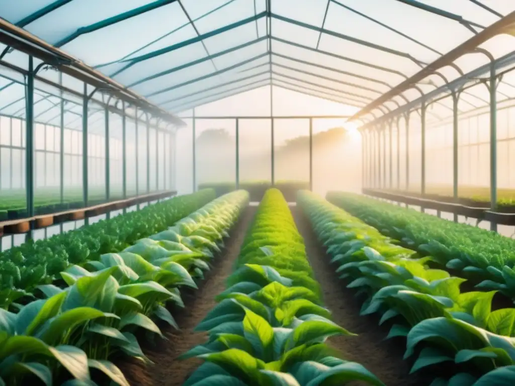 Un invernadero moderno y minimalista lleno de cultivos verdes bajo luz natural, fusionando tecnología y prácticas sostenibles en agricultura