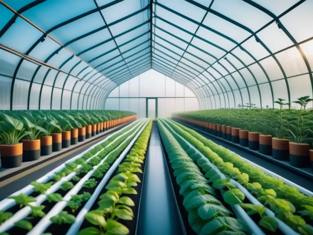 Innovadora tecnología agrícola en invernadero moderno con plantas vibrantes Un invernadero moderno con plantas vibrantes vigiladas por tecnología de Machine Learning en agricultura sostenible